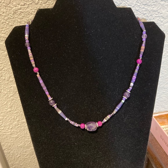 Stone Necklace. Amethyst, glass, seed and tube beads. Fish Hook clasp. - Picture 5 of 16